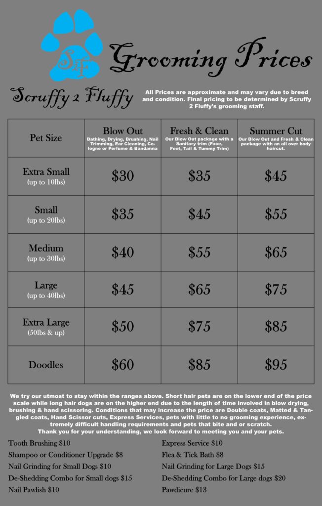 Mobile grooming 2024 price list